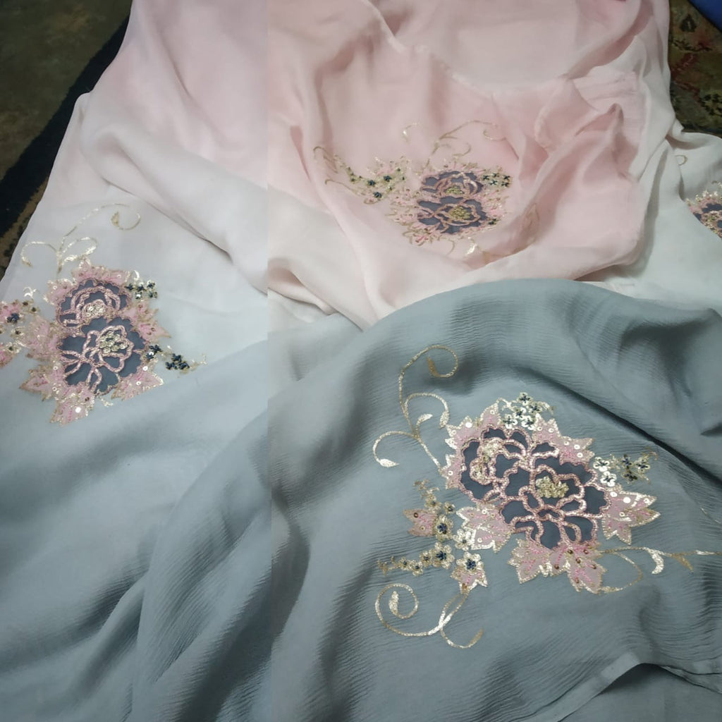 Platinum silk chiffon with applique work