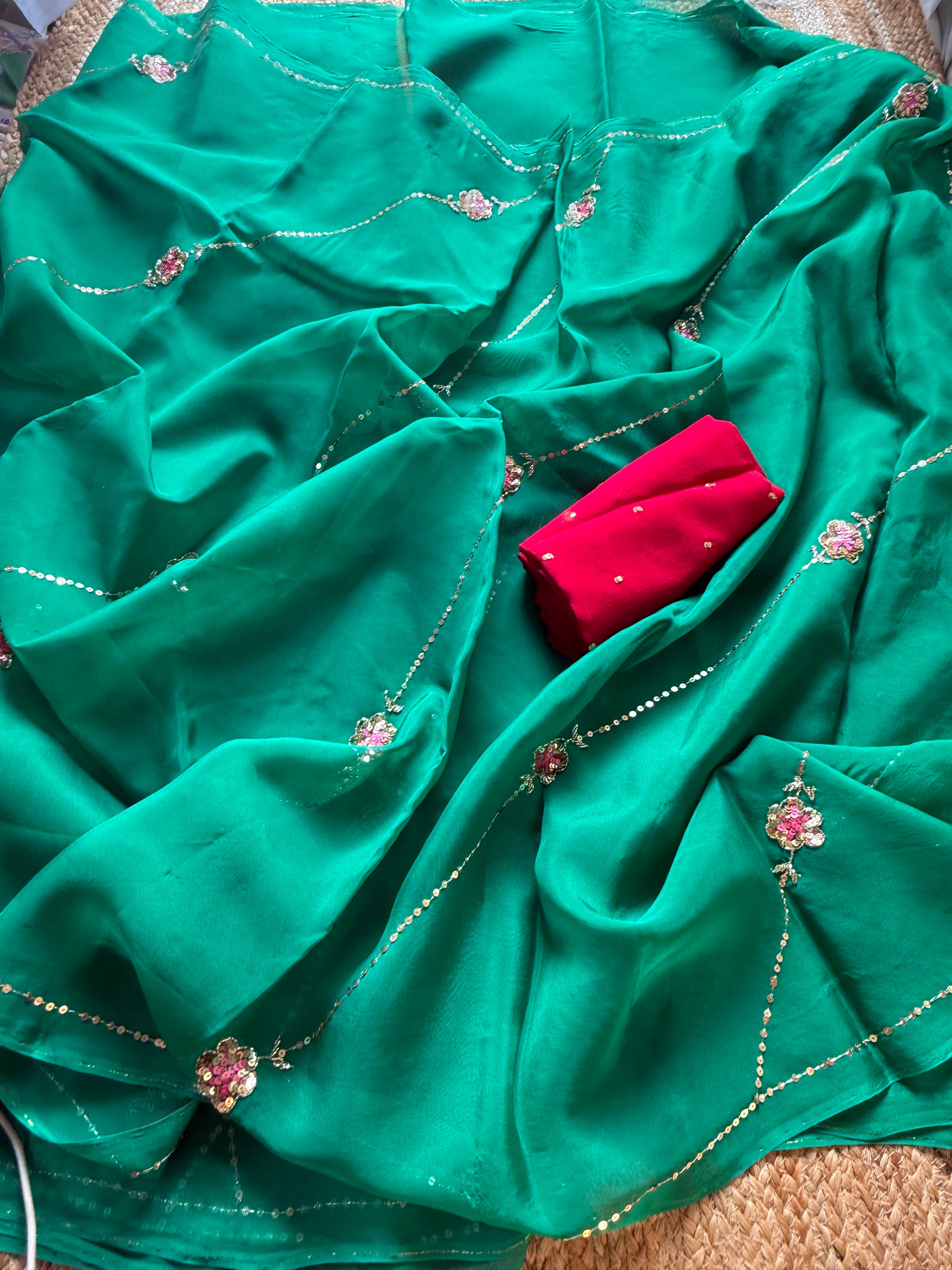 Green organza bel saree