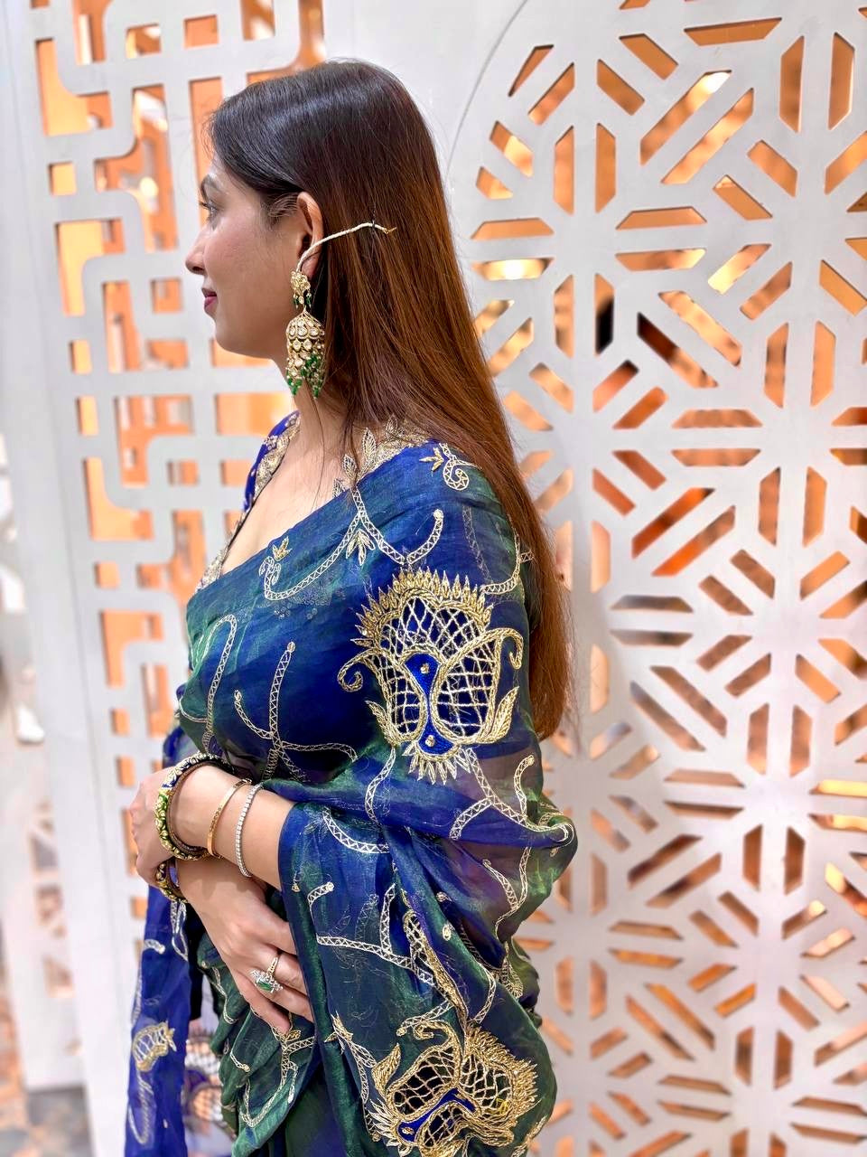 Peacock silk tissue with cutwork jaal