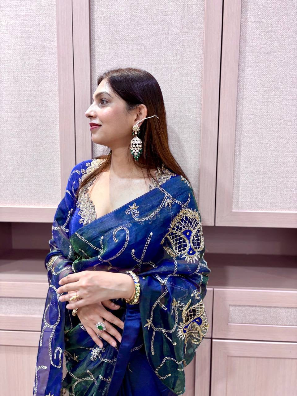 Peacock silk tissue with cutwork jaal