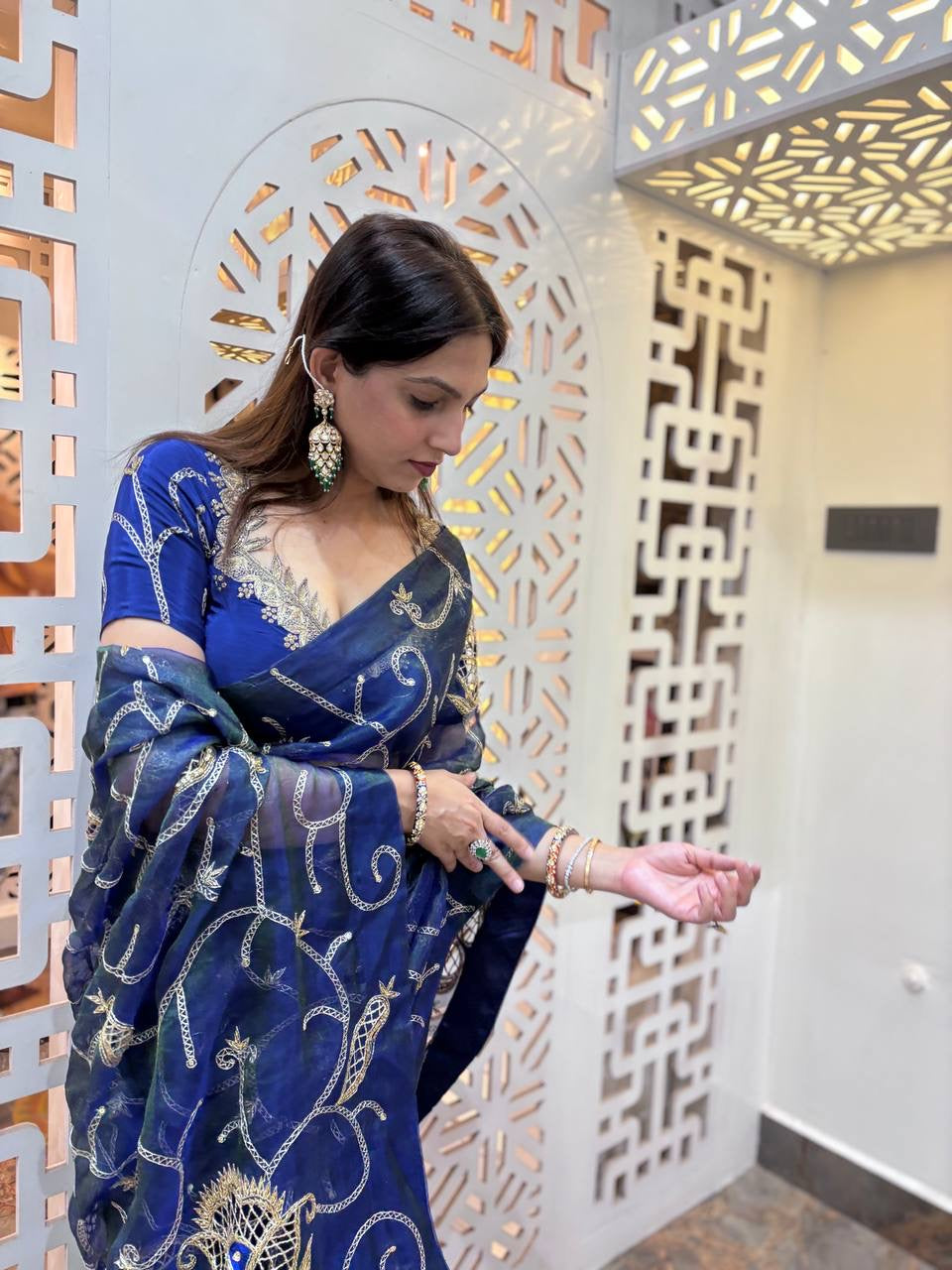 Peacock silk tissue with cutwork jaal